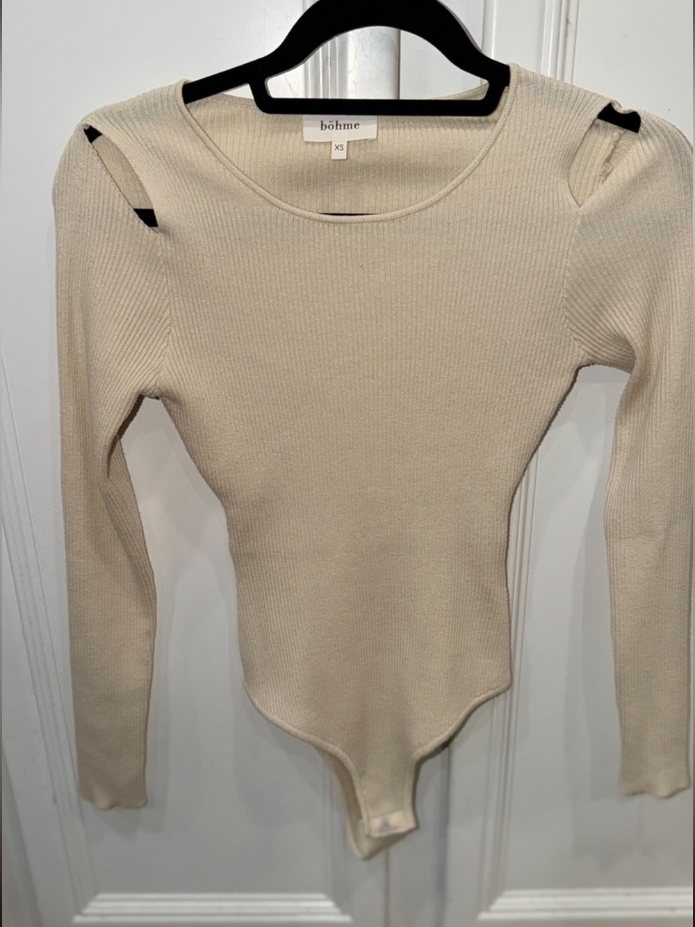 böhme Cream Ribbed Long-Sleeve Cutout Bodysuit